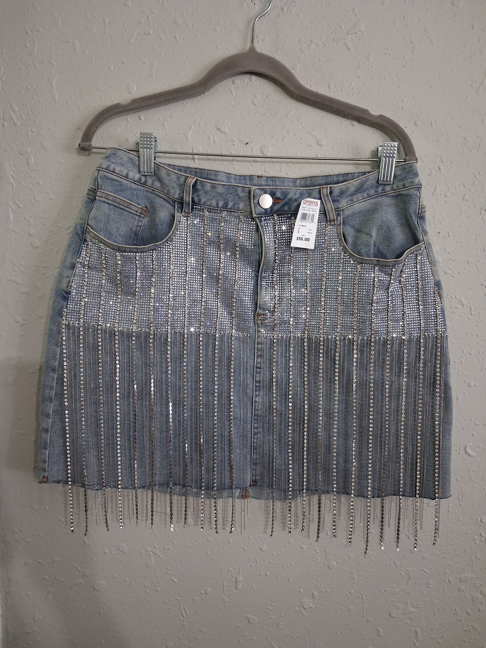 Light Blue Denim Mini Skirt with Silver Rhinestone Fringe